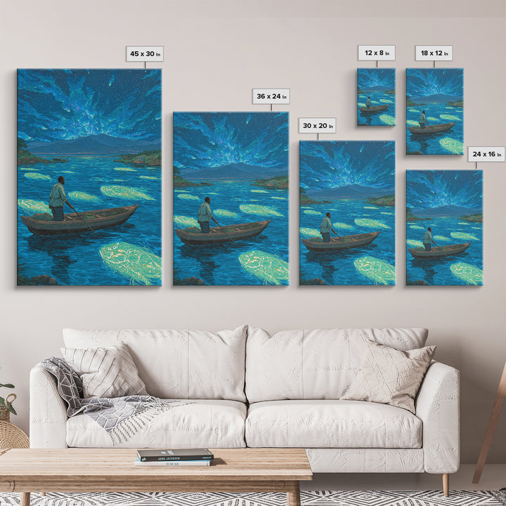 Starlit Fisherman On Glowing Blue Lake Canvas Print, African Landscape Wall Art, Dreamy Nature Scene, Unique Home Decor Gift