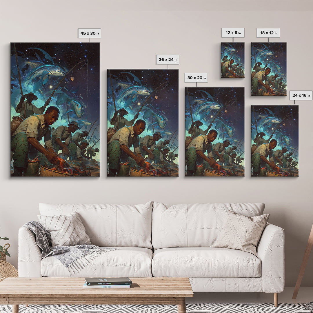 Cosmic Fishermen Under Giant Flying Fish Wall Art, African Safari Art Print, Black Men Portrait, Fantasy Coastal Decor Gift