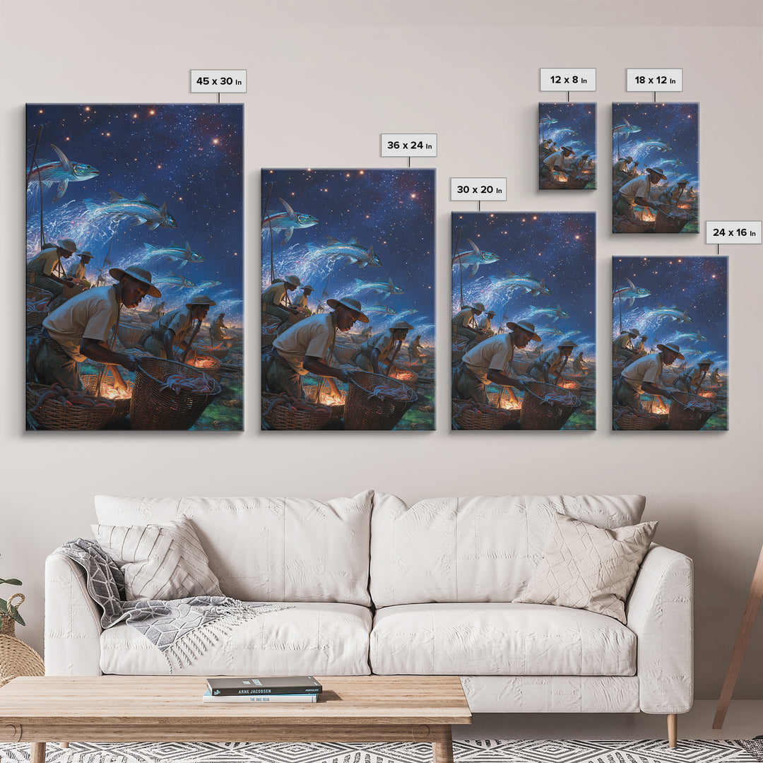 Starry Night Fishermen With Baskets Canvas Print, African Wall Art, Black Men Coastal Scene, Magical Fish Ocean Decor Gift