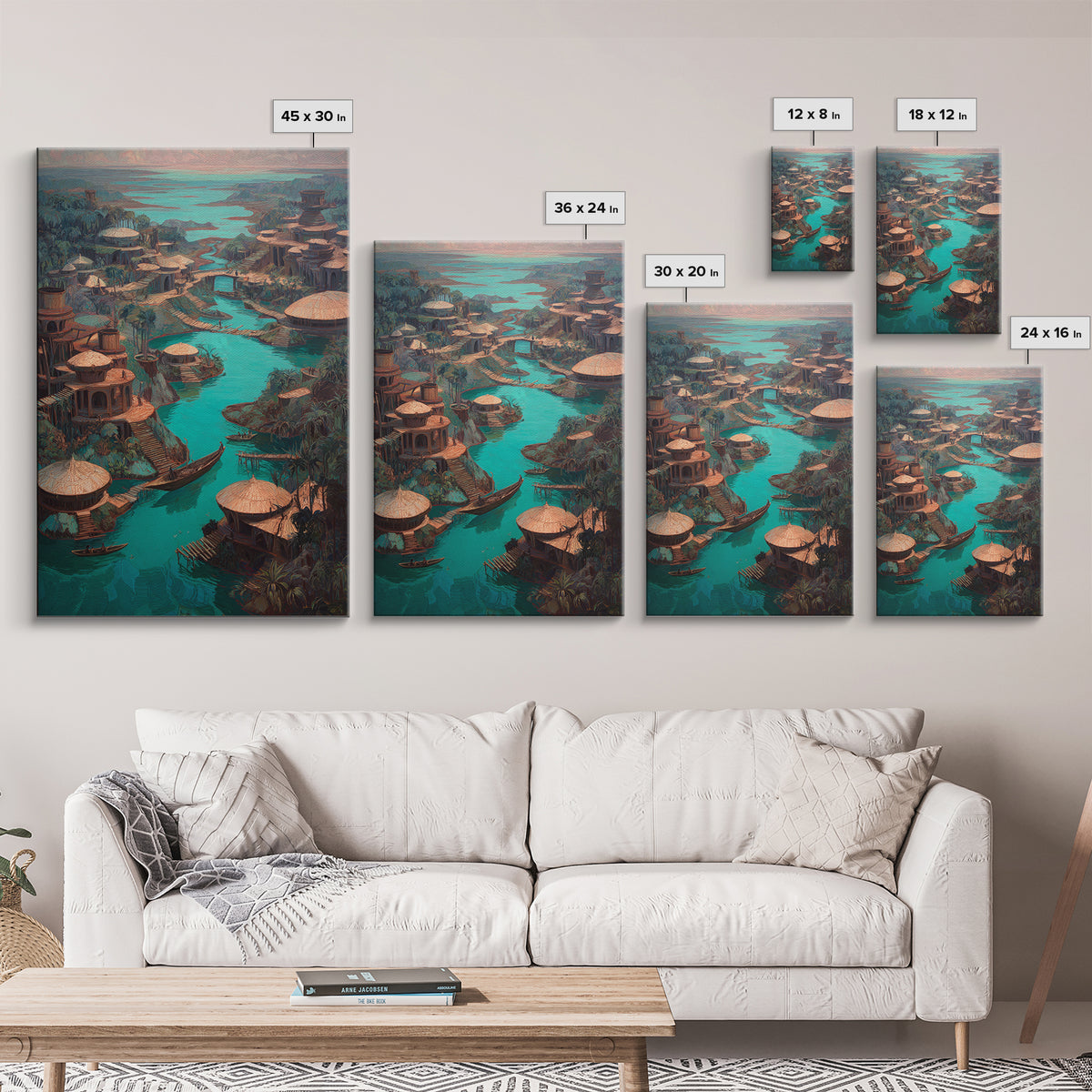Turquoise River Village With Round Huts Wall Art, African Landscape Canvas Print, Jungle African Decor, Unique Living Room Art