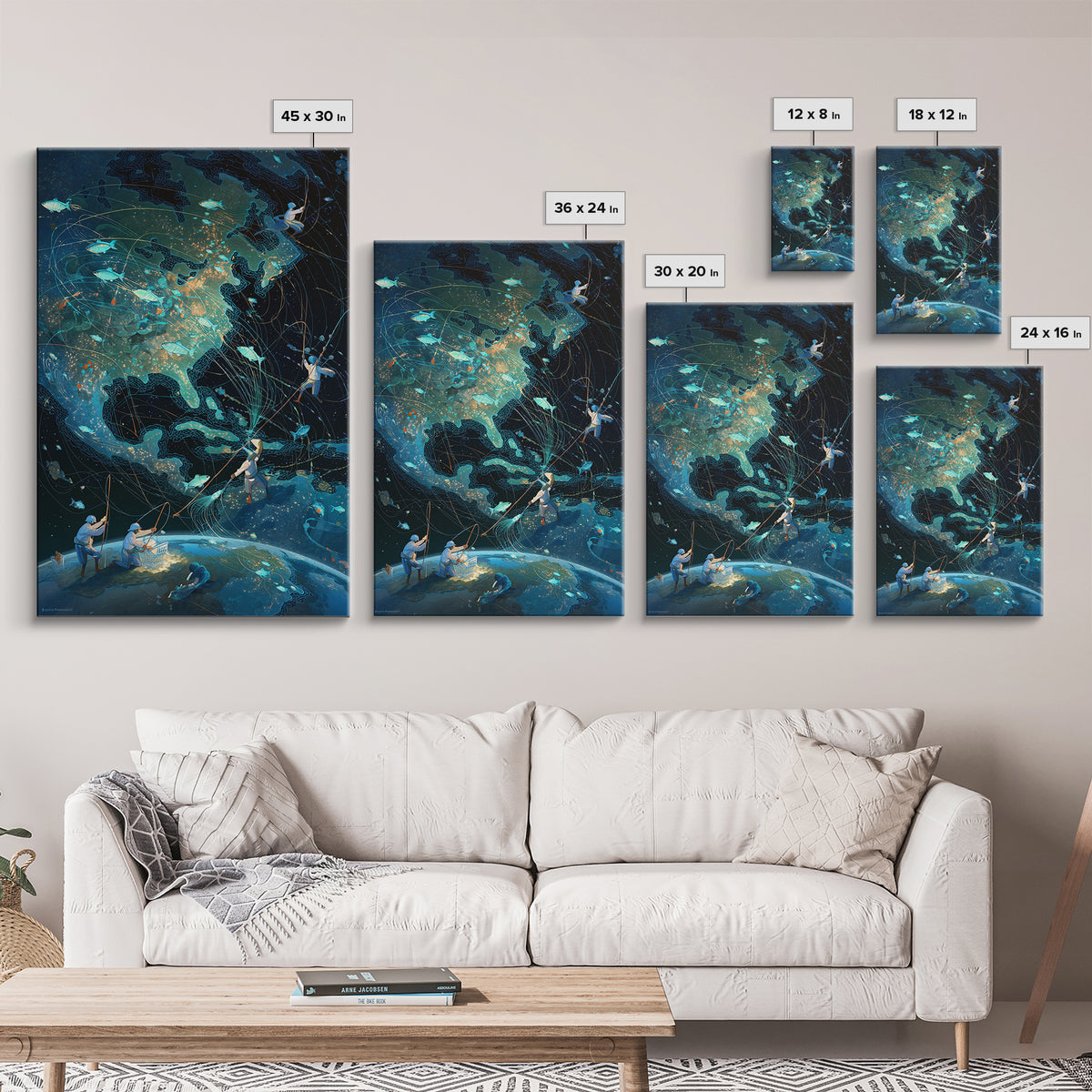 Glowing North America Fishing Map Wall Art, Whimsical Ocean Canvas Print, Teal Adventure Decor For Office And Living Room