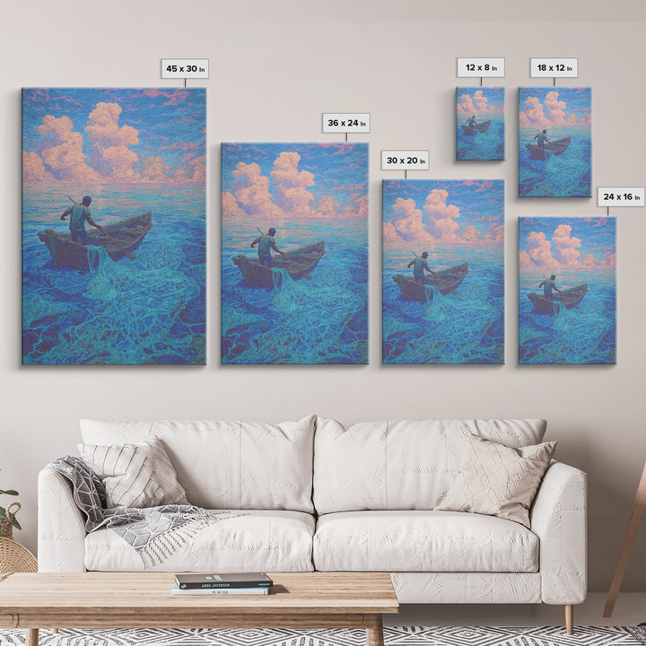 Lone Fisherman On Turquoise Sea Canvas Print, Dreamy Tropical Wall Art, Coastal Nature Decor For Bedroom And Office Gift