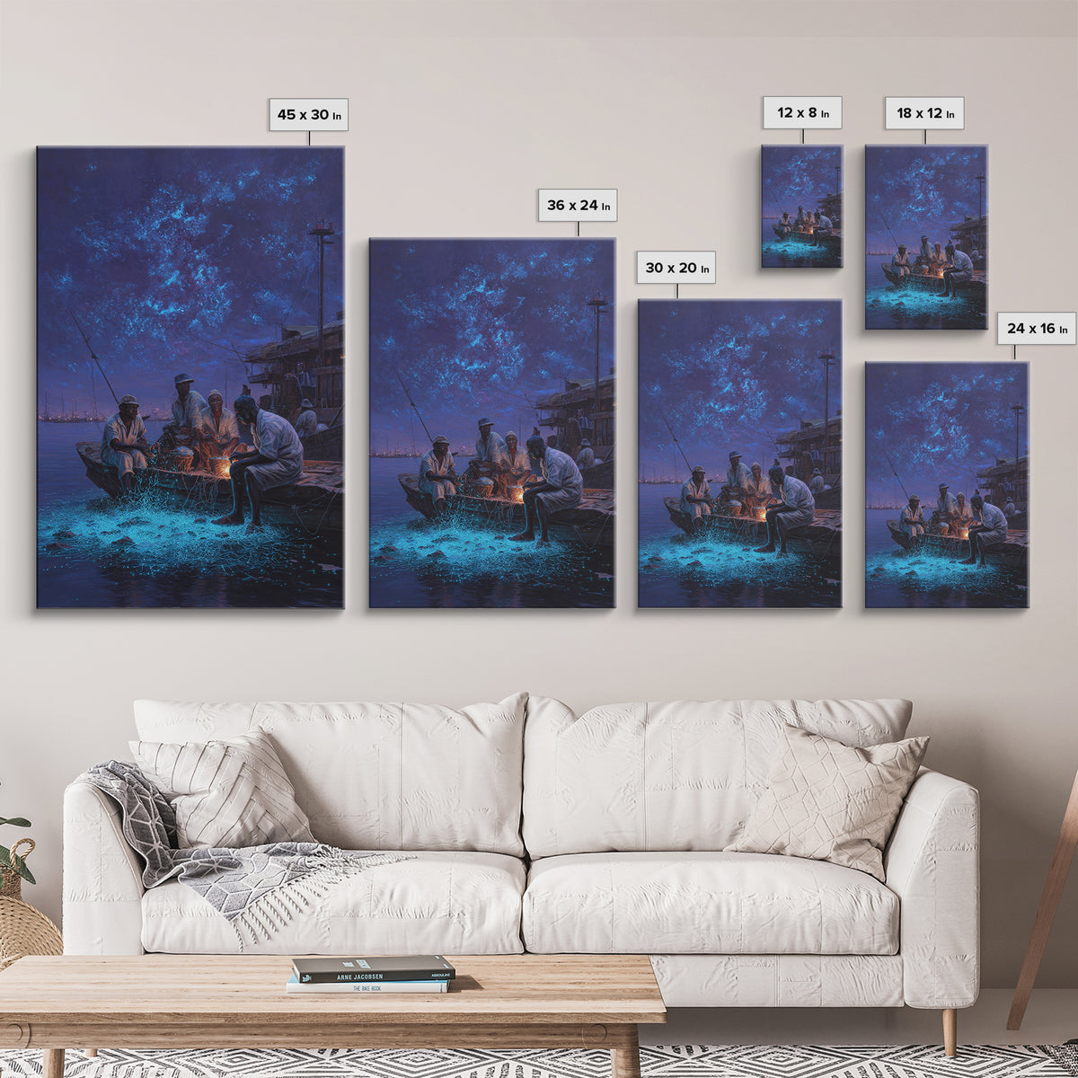 Night Fishermen With Glowing Nets Framed Canvas Print, Blue Coastal Wall Art, Contemporary Harbor Decor For Home Office Gift