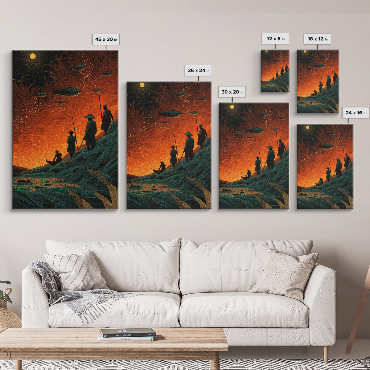 Silhouetted Travelers Under Fiery Sky Wall Art, Orange Sci Fi Canvas Print, Surreal Adventure Decor For Office Gift And Home