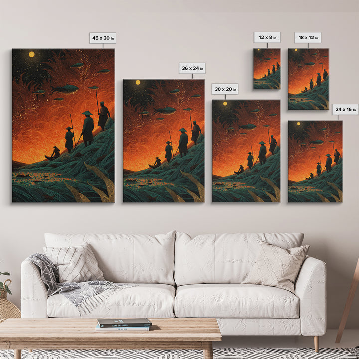 Silhouetted Travelers Under Fiery Sky Wall Art, Orange Sci Fi Canvas Print, Surreal Adventure Decor For Office Gift And Home