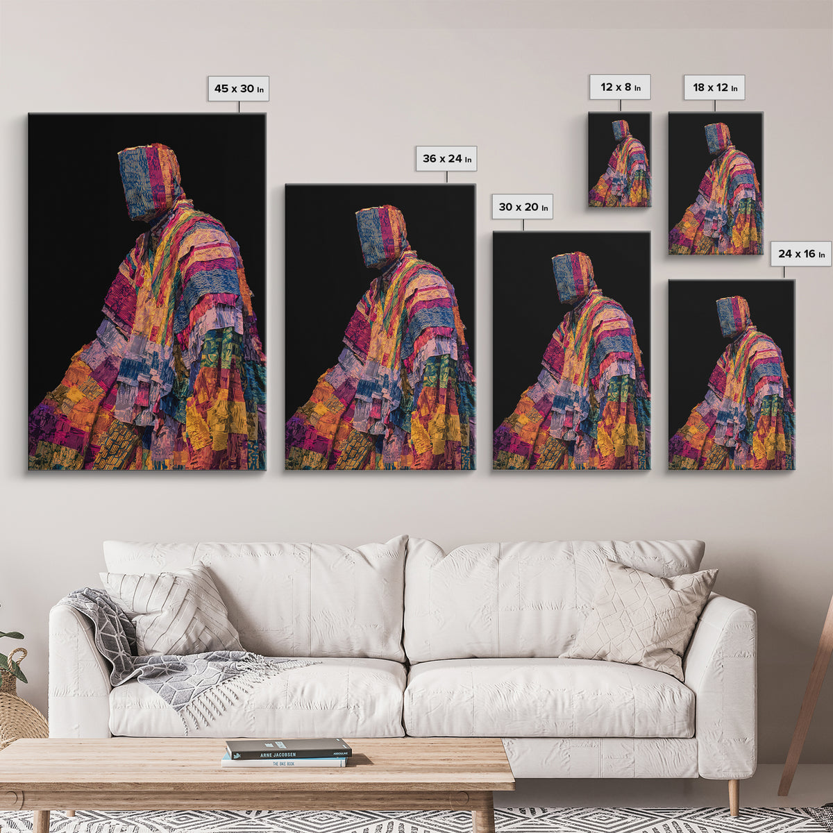 Masked African Textile Seated Figure Framed Canvas Print, Afrocentric Portrait, Vibrant Tribal Art, Cultural Wall Decor Gift