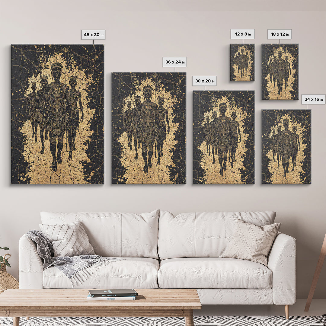 Golden Ancestral Silhouette Trio Wall Art, African Abstract Figures, Black Culture Art, Spiritual Afrocentric Decor Gift