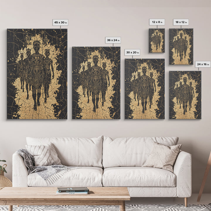 Golden Ancestral Silhouette Trio Wall Art, African Abstract Figures, Black Culture Art, Spiritual Afrocentric Decor Gift