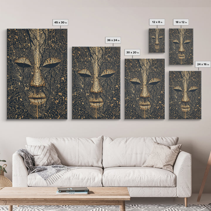 Cracked Gold African Mask Face Canvas Print, Abstract Tribal Portrait, Black And Gold Art, Afrocentric Wall Decor For Home