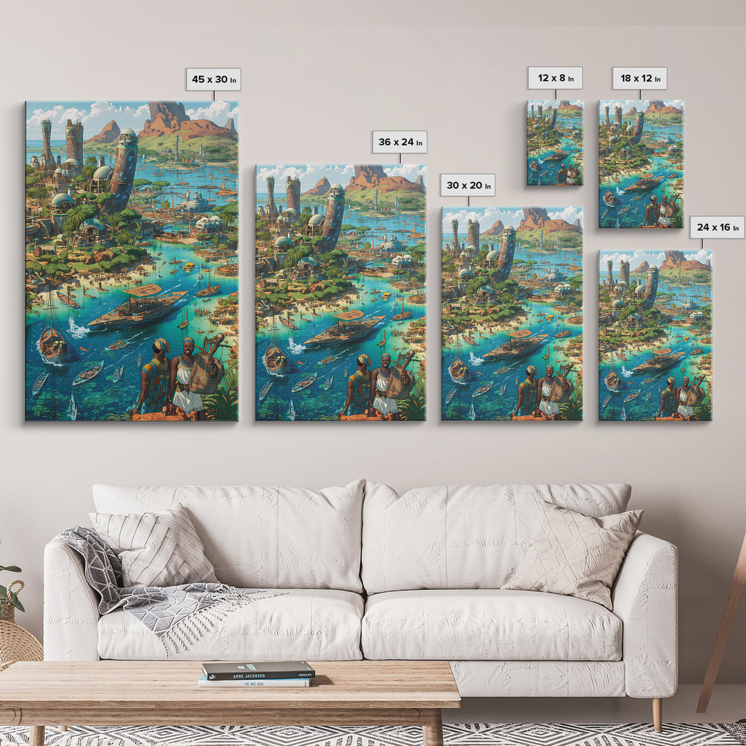 Afrofuturist Coastal African City With Boats Wall Art, African Art Prints, Afrocentric Decor, Vibrant Travel Poster, Living Room Decor