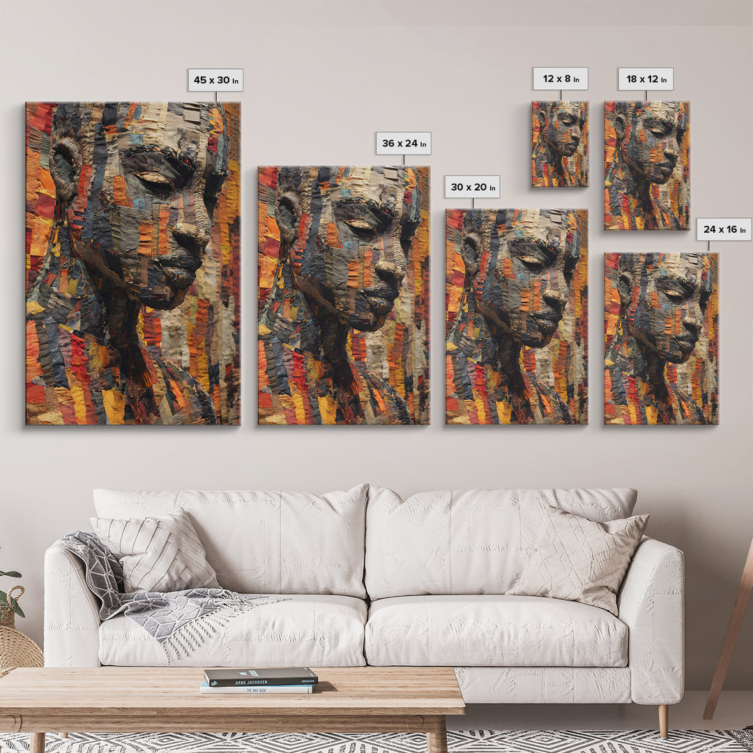 Textured African Woman Portrait Canvas Print, African Fabric Art, Black Female Art, Melanin Artwork, Cultural Home Decor