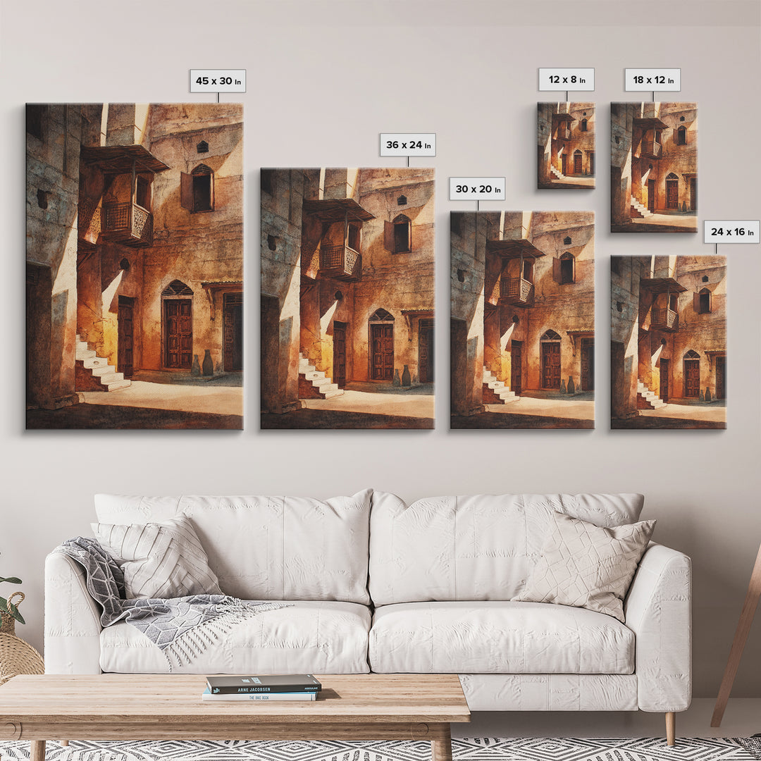 Sunlit African Stone Alley Framed Canvas Print, Moroccan Travel, African Architecture, Cultural Wall Decor, Rustic Home Decor