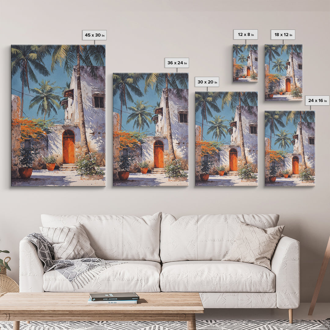 White Coastal African Courtyard Wall Art, Palm Tree Accent, Morocco Africa, Travel Poster, Bohemian Decor Art, Unique Wall Decor