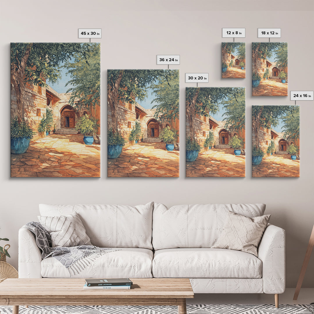 Leafy Stone African Courtyard Canvas Print, Elegant Home Decor, Cultural Wall Decor, Africa Painting, Living Room Decor Gift