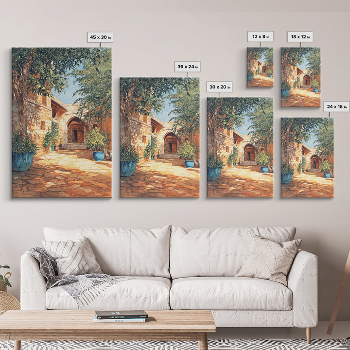 Leafy Stone African Courtyard Canvas Print, Elegant Home Decor, Cultural Wall Decor, Africa Painting, Living Room Decor Gift