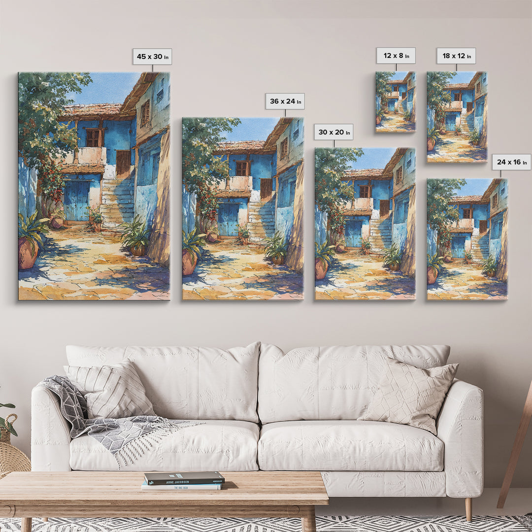 Blue African Village Courtyard Wall Art, Rustic Architecture, Africa Wall Decor, Travel Poster, Boho Home Decor, Unique Canvas