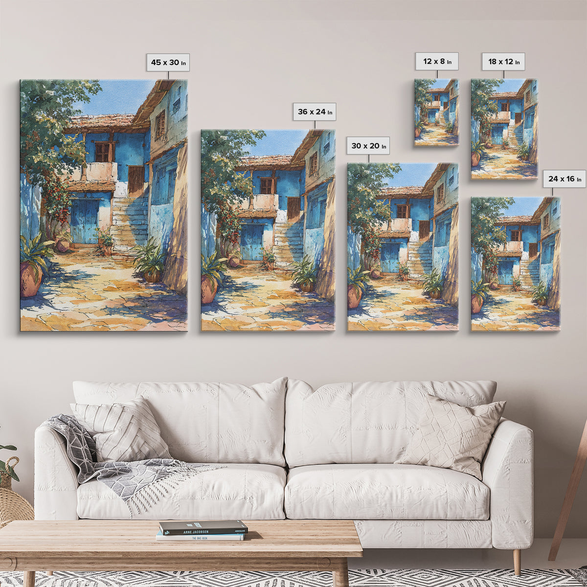 Blue African Village Courtyard Wall Art, Rustic Architecture, Africa Wall Decor, Travel Poster, Boho Home Decor, Unique Canvas