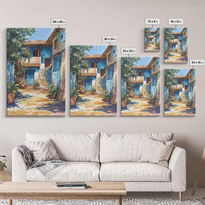 Blue African Village Courtyard Wall Art, Rustic Architecture, Africa Wall Decor, Travel Poster, Boho Home Decor, Unique Canvas