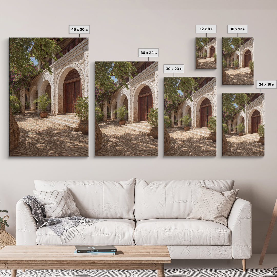 Arched African Veranda Courtyard Framed Canvas Print, Zanzibar Style, Cultural Home Decor, African Wall Decor, Statement Decor