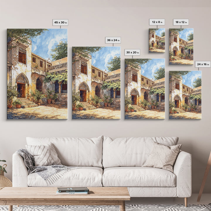 Historic African Stone Courtyard Canvas Print, Carved Door, Africa Painting, Cultural Wall Decor, Travel Poster, Elegant Home Decor
