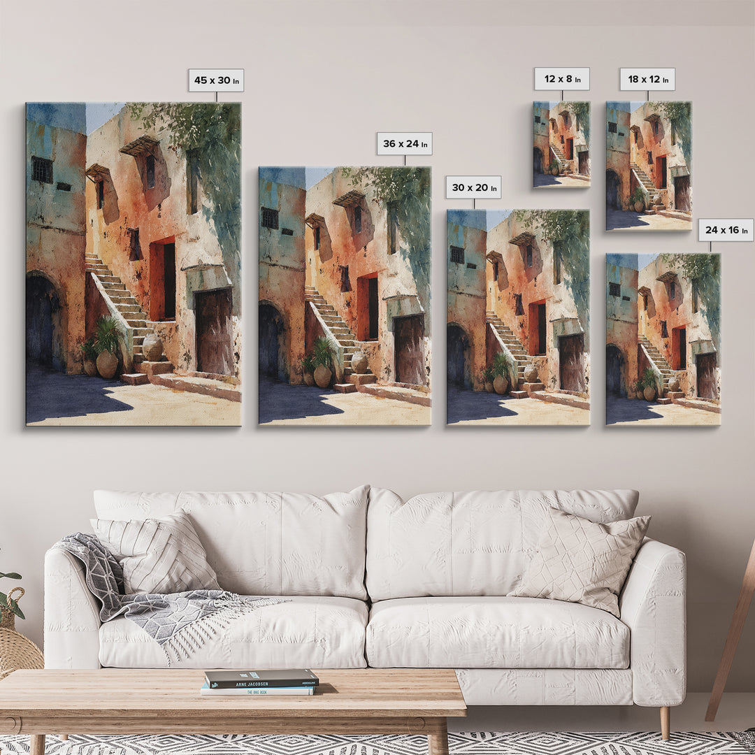 Sunlit Adobe African Alley Canvas Print, Terracotta Art Print, Rustic Decor, Cultural Wall Decor, Africa Painting, Unique Gift