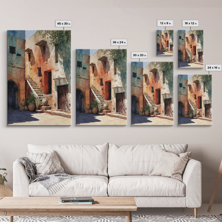 Sunlit Adobe African Alley Canvas Print, Terracotta Art Print, Rustic Decor, Cultural Wall Decor, Africa Painting, Unique Gift