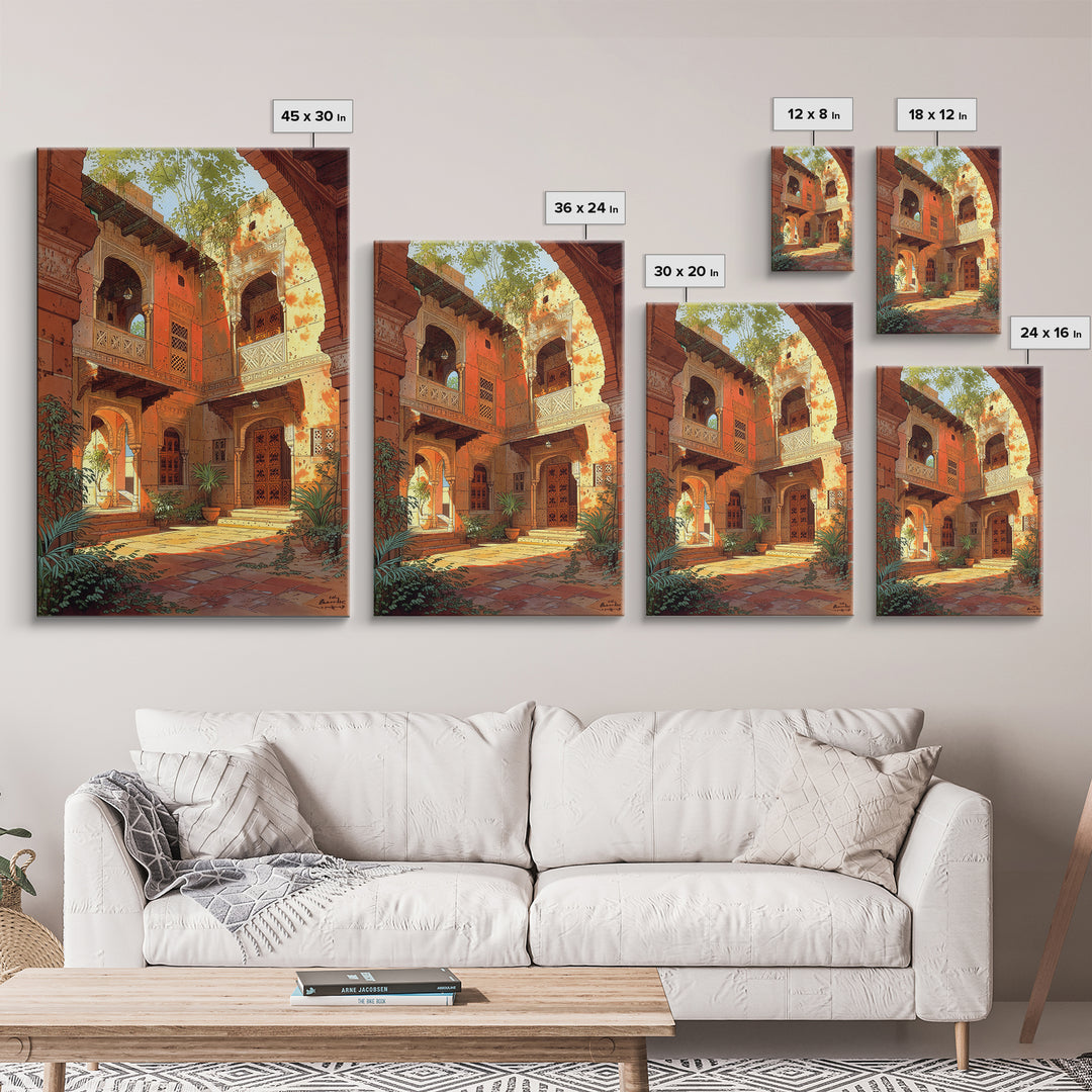 Sunlit Moroccan Courtyard With Arches Wall Art, African Inspired Home Decor, Terracotta Travel Poster, Boho Living Room Print