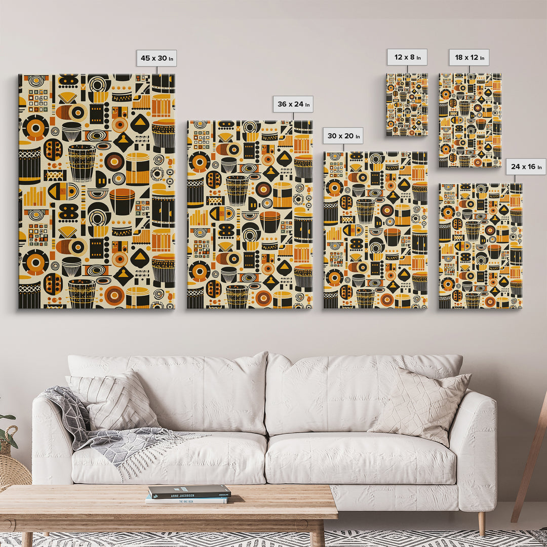 Bold African Drum Pattern Canvas Print, Tribal Textile Art, Orange Black Home Decor, Afrocentric Wall Decor Gift For Music Room
