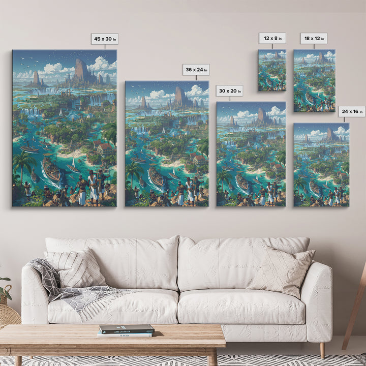 Afrofuturist Coastal Kingdom Wall Art, African Landscape Fantasy City, Blue Travel Poster, Modern Canvas Decor For Living Room