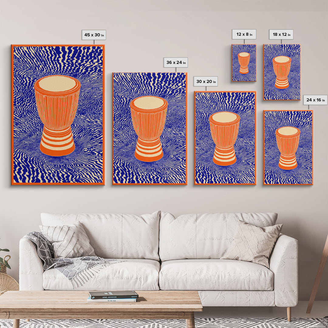 Orange Djembe Drum With Blue Waves Canvas Print, African Music Wall Art, Vibrant Tribal Decor, Bold Afrocentric Gift Print