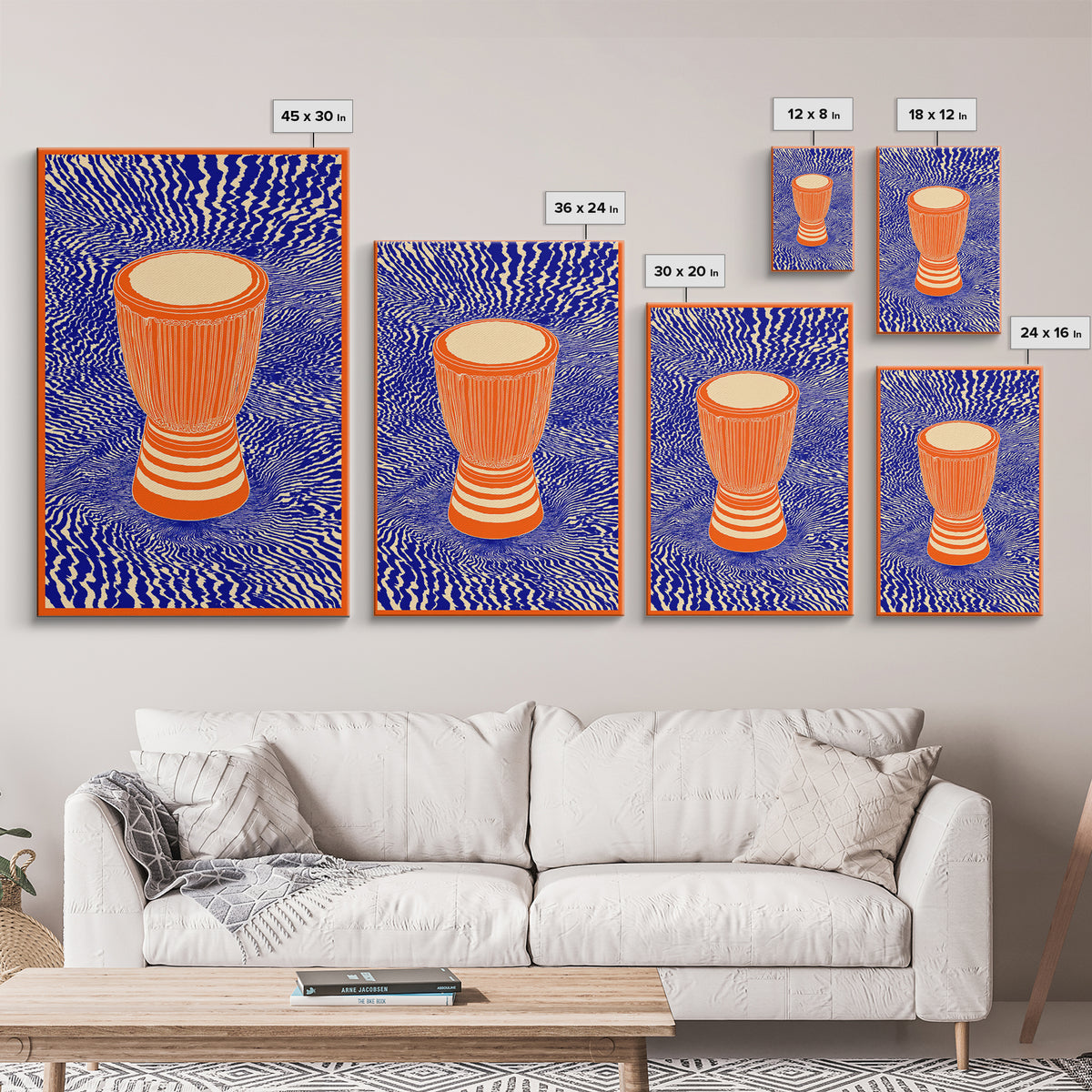 Orange Djembe Drum With Blue Waves Canvas Print, African Music Wall Art, Vibrant Tribal Decor, Bold Afrocentric Gift Print