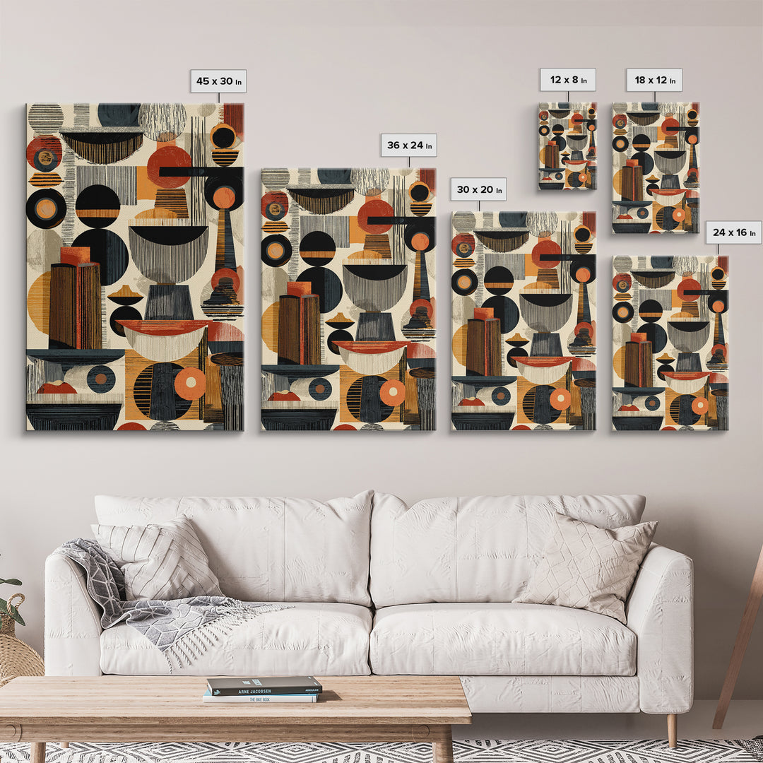 Midcentury African Abstract Shapes Wall Art, Terracotta Black Geometric Canvas Decor, Modern Tribal Home Decor Gift For Office