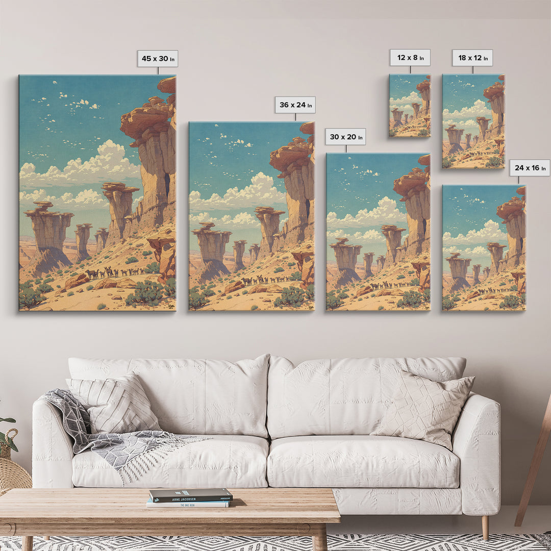 Desert Caravan Rock Pillars Wall Art, African Landscape Travel Poster, Sahara Nature Scene, Warm Boho Home Decor Gift Print