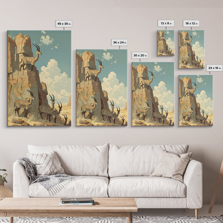 Desert Oryx On Sunlit Canyon Cliffs Canvas Print, African Safari Art, African Animal Art, Boho Wall Decor, Living Room Decor
