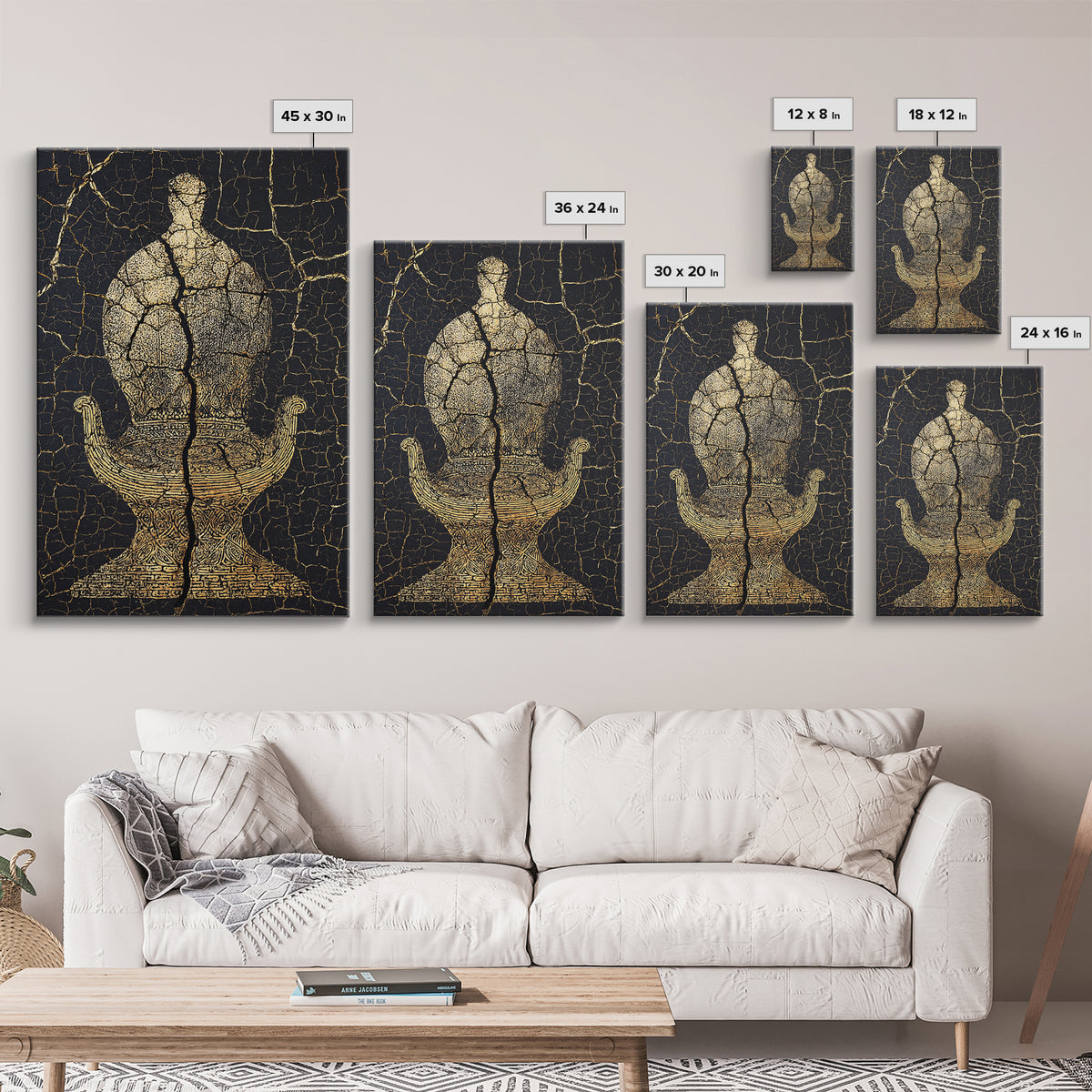 Gold Ancient Figure On Black Cracked Stone Framed Canvas Print, African Sculpture, African Art Decor, Tribal Art Print, Black Art