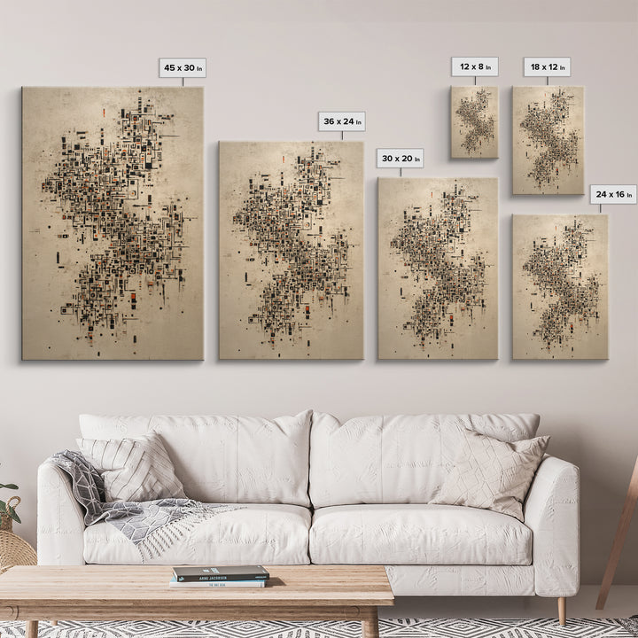 Abstract City Map Wall Art, Beige Black Geometric Canvas Print, Modern African Abstract Art, Office Decor, Urban Artwork