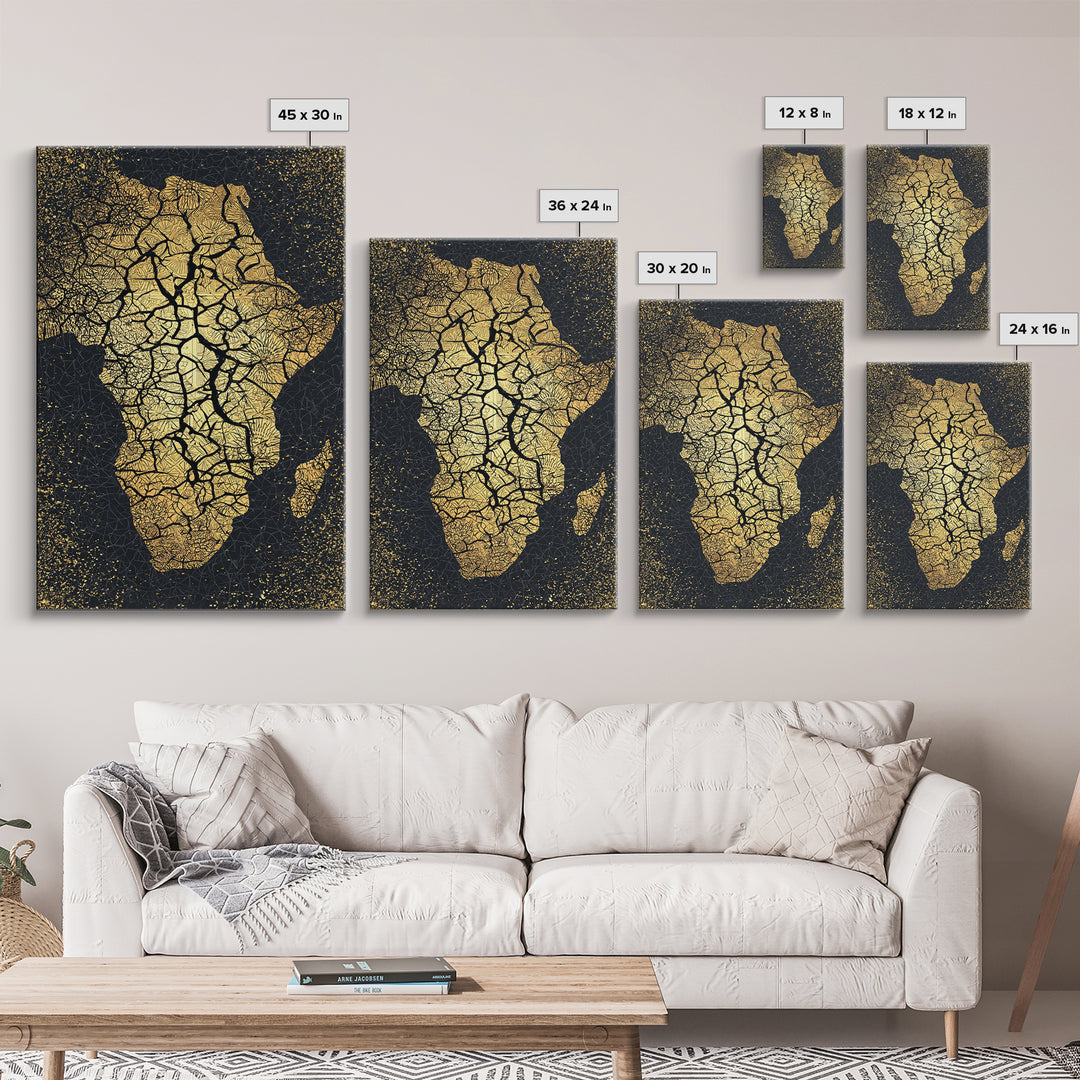 Cracked Gold Africa Silhouette Wall Art, Black Tree Root Canvas Print, African Landscape Decor, Motherland Artwork Gift Idea