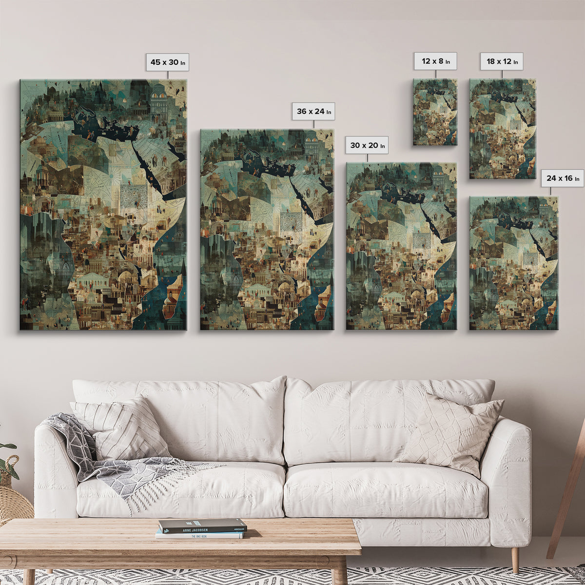 Africa City Collage Wall Art, Teal Architectural Canvas Print, African Travel Poster, Modern Cultural Home Decor Artwork