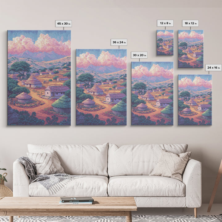 Colorful African Village Huts Beneath Pink Clouds Canvas Print, Mountain Landscape, Cultural Home Decor, Motherland Wall Art