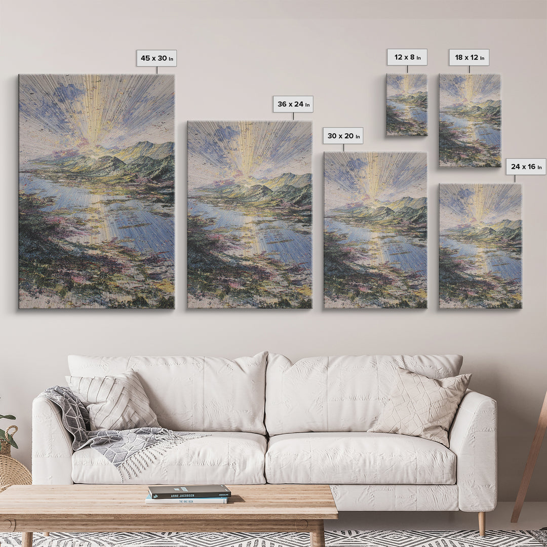 Radiant Sunrise Over African Lake And Mountains Framed Canvas Print, Abstract Landscape Wall Art, Dreamy Nature Home Decor
