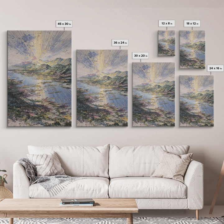 Radiant Sunrise Over African Lake And Mountains Framed Canvas Print, Abstract Landscape Wall Art, Dreamy Nature Home Decor