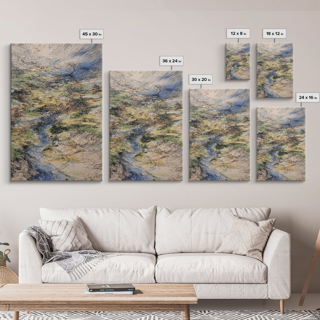 Sweeping River Valley And Mountain Village Wall Art, African Landscape Canvas Print, Textured Nature Scene For Living Room