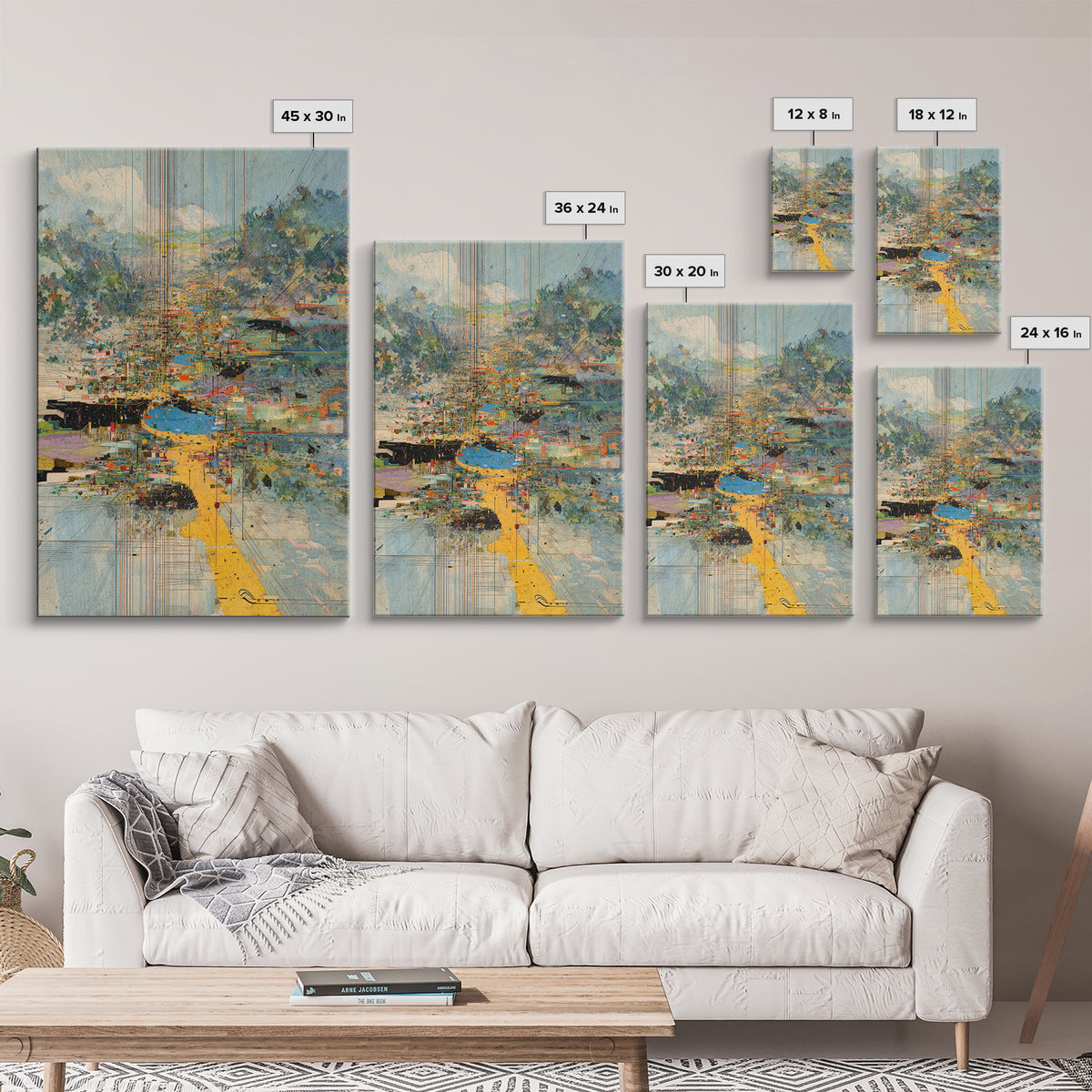 Abstract Riverside City With Golden Path Wall Art, Modern African Inspired Landscape Canvas Print, Colorful Home Decor Gift