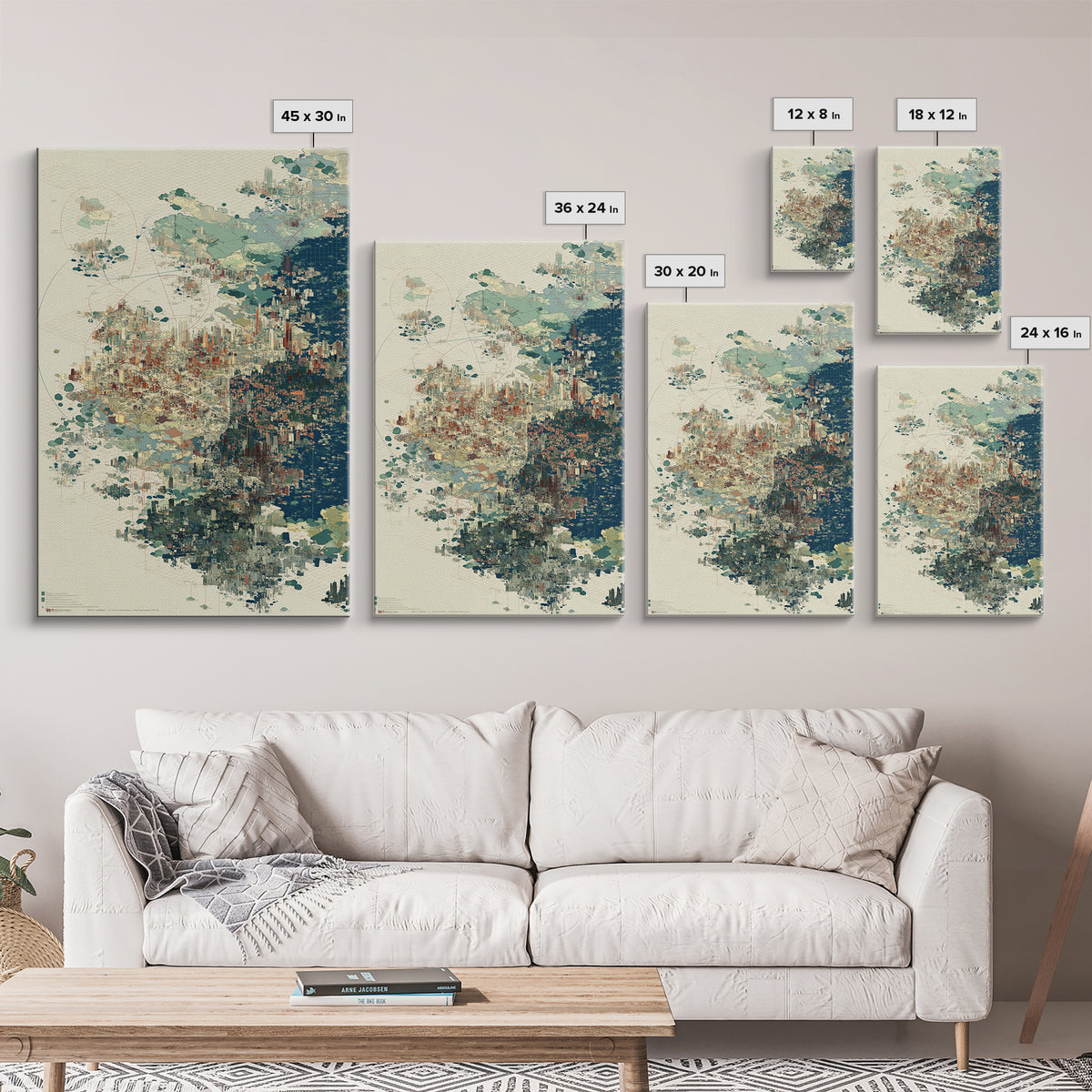 Abstract Coastal City Map In Teal And Indigo Canvas Print, Modern African Inspired Wall Art, Geometric Urban Home Decor Gift