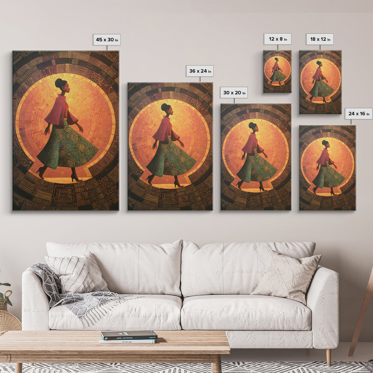 Elegant African Woman In Green Patterned Skirt Wall Art, Golden Halo Canvas Print, Afrocentric Black Beauty Home Decor Gift
