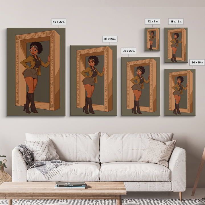 Stylish Black Queen In Carved Doorway Canvas Print, African American Comic Wall Art, Empowered Woman Fashion Home Decor Gift