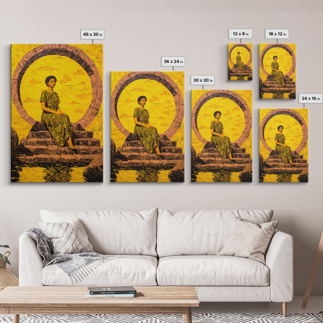 Golden African Woman By Sacred Stone Arch Canvas Print, Afrocentric Wall Decor, Black Queen Portrait, Ankara Home Decor Gift