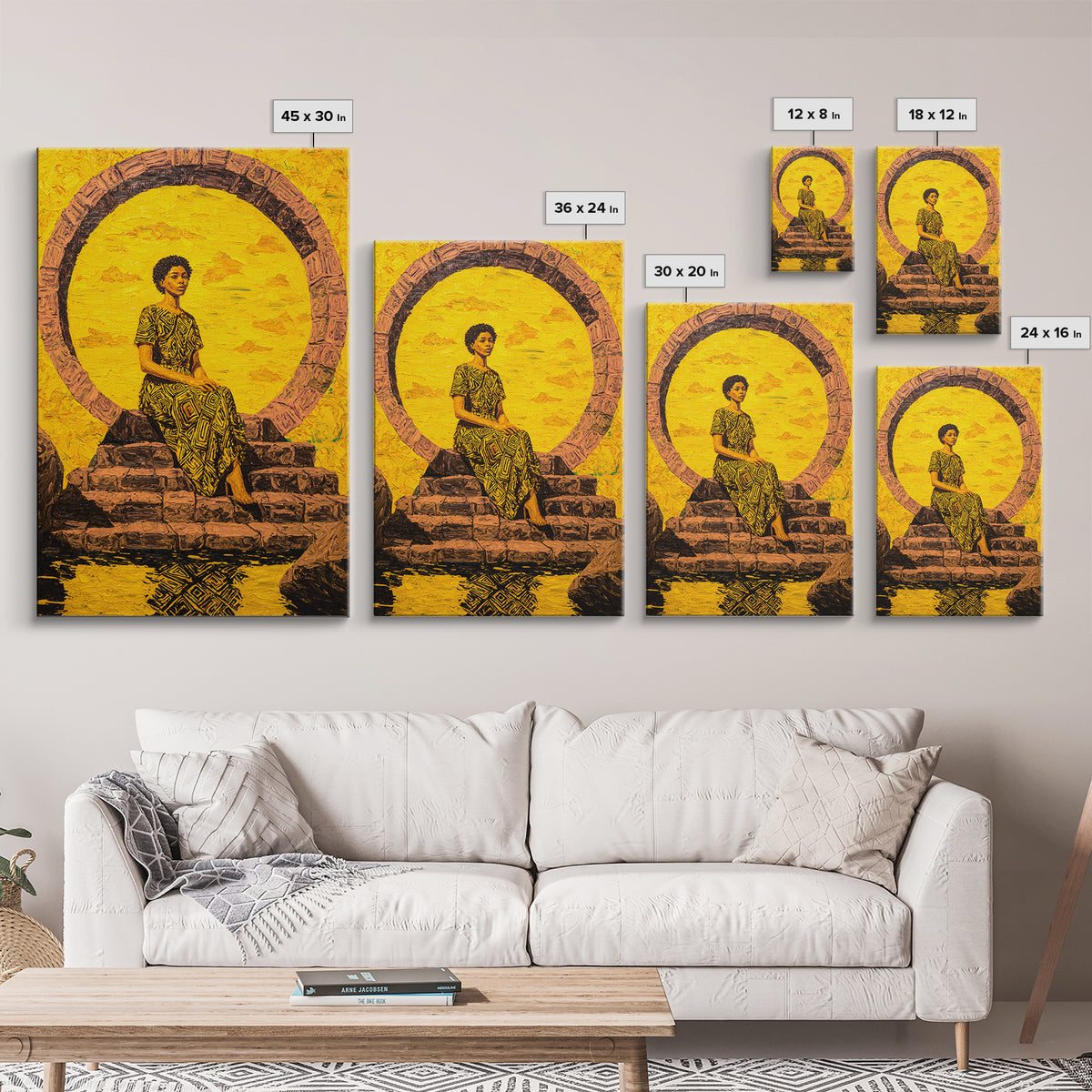 Golden African Woman By Sacred Stone Arch Canvas Print, Afrocentric Wall Decor, Black Queen Portrait, Ankara Home Decor Gift