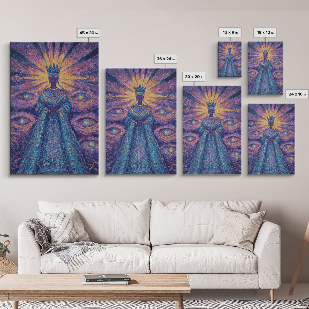 Mystical African Queen With Radiant Eyes Framed Canvas Print, Afrocentric Wall Art, Black Goddess Portrait, Spiritual Decor