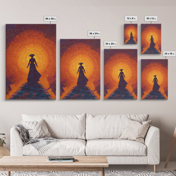 Silhouette Woman Before Sun Mandala Canvas Print, African Inspired Wall Decor, Burnt Orange Art, Feminine Spiritual Gift